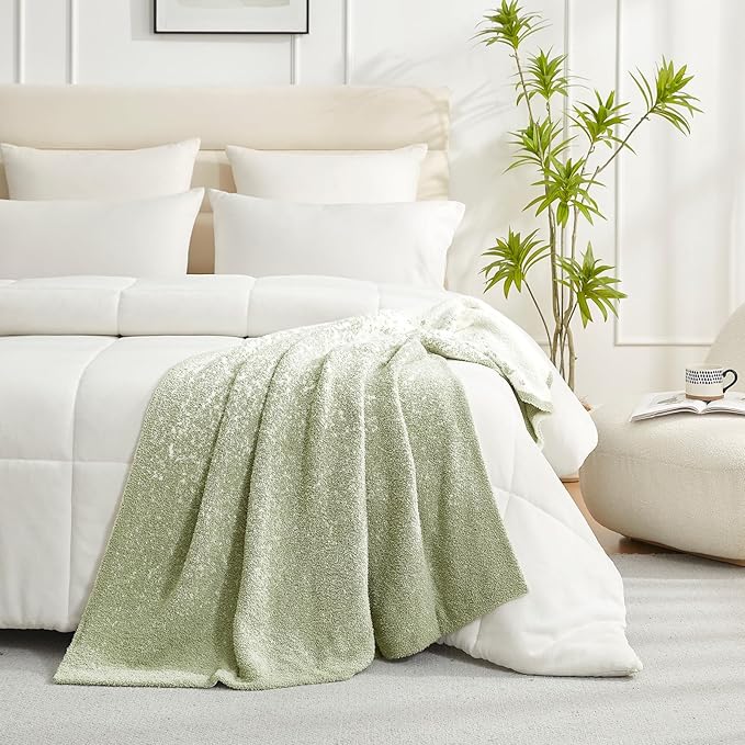 Snuggle Sac Sage Green Throw Blanket for Couch, Reversible Super Soft Warm Blankets Cozy Knit Blanket Fuzzy Plush Lightweight Throws for Sofa, Bed, Picnic, Ombre Sage Green, 50 x 60 inches
