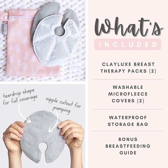 Cradle & Grace ClayLuxe Breast Therapy Packs, Natural Clay Hot & Cold Breast Pads with Covers & Bag, Reusable Breast Ice Packs for Mom's Breastfeeding Essentials