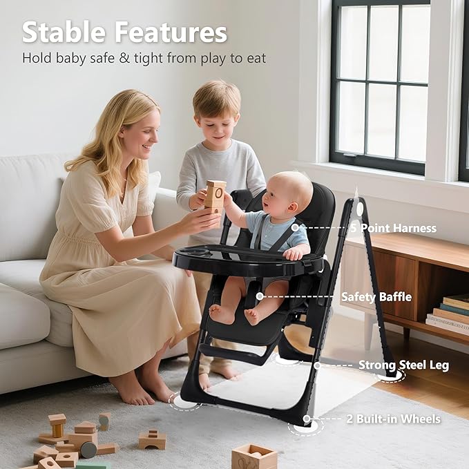 Kinder King Convertible High Chair for Babies & Toddlers, Adjustable Baby Feeding High Chair with Removable Double Tray, Simple Compact Fold for Space-Saving, 2 Built-in Wheels, Easy to Clean, Black