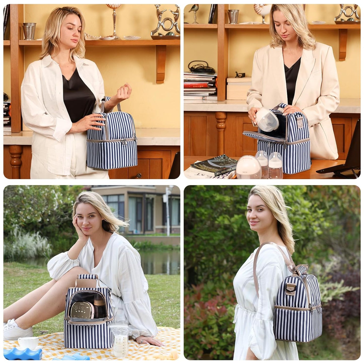 NCVI Breastmilk Cooler Bag with 2 Ice Pack, Breast Pump Bag with Cooler Fits 6 Bottles, Double Layer Breast Milk Baby Bottle Cooler Bag, for Travel, Nursing Mom Daycare, Work, Picnic (Stripe)