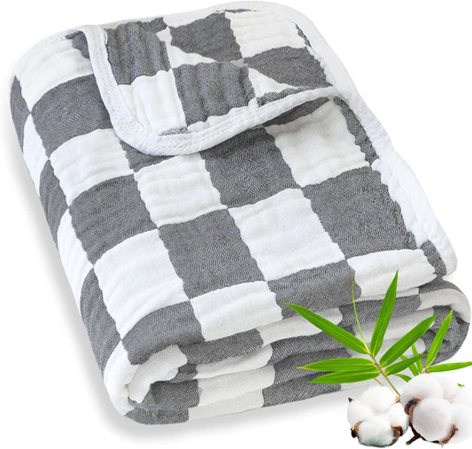 Muslin Swaddle Blankets for Baby Boys or Girls Breathable and Skin-Friendly 6 Layers Gauze Receiving Blankets Grey Chessboard 43 x 43 Inches