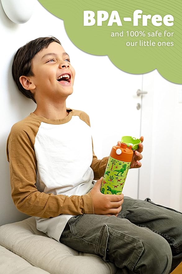 Jarlson® Mali Children's Water Bottle, Thermal Stainless Steel Water Bottle, BPA-Free, Leak-Proof, Children's Bottle with Chug Lid, Bottle for School, Nursery (Dinosaurs, 500 ml)