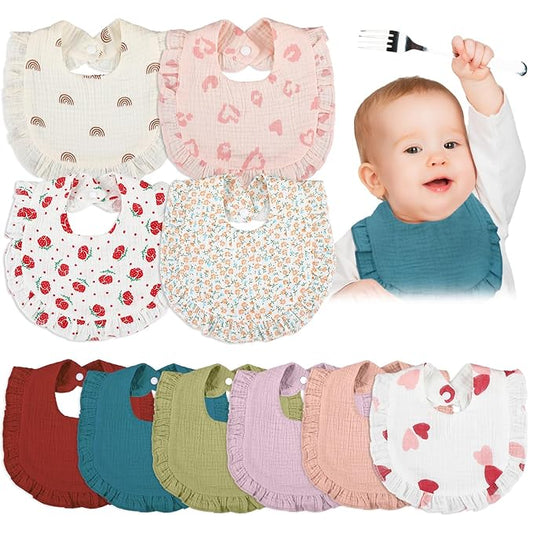 Seematn 10 Pcs Baby Muslin Bibs Drool Bibs Bandana Ruffle Soft Cotton for Newborn Baby Infants Girl Teething Toddlers Boy(Pastel Colors)