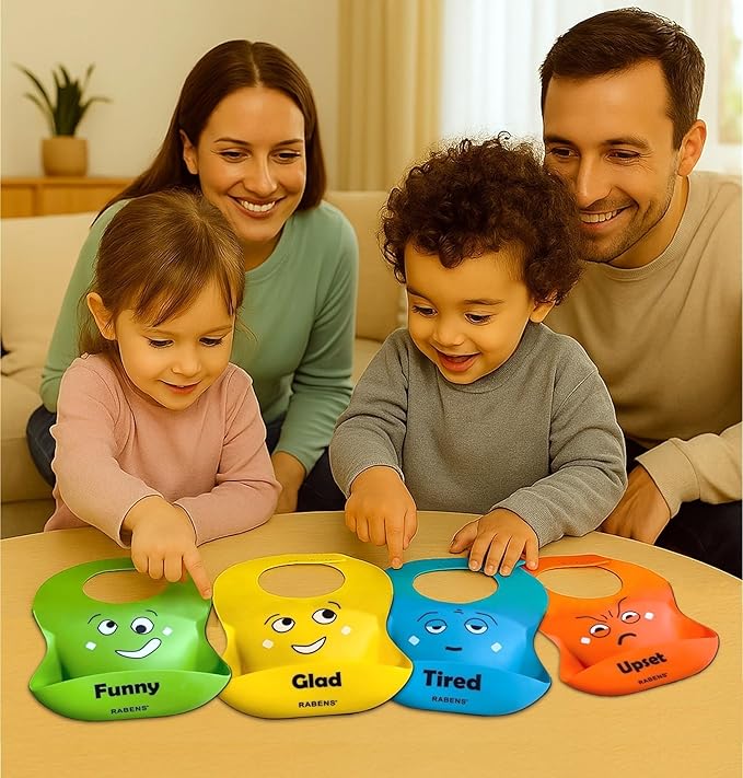 MY FIRST EMOTIONS Set of 4 Silicone Bibs for Babies and Toddler BPA Free Waterproof Adjustable Feeding Bib with Large Pocket Food Catcher Easier Mealtime