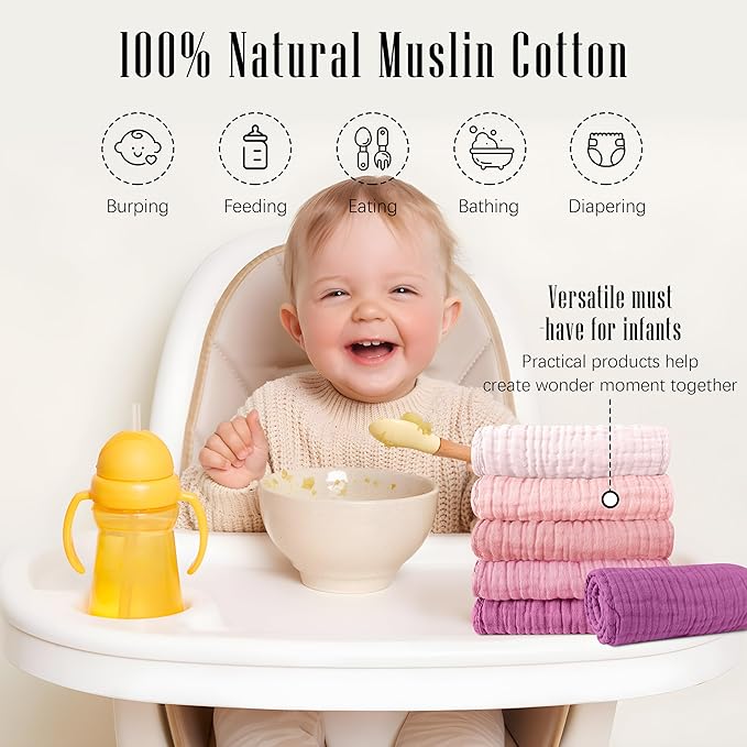 SWEET DOLPHIN 12 Pack Muslin Burp Cloths Large 100% Cotton Burping Clothes for Baby Drool - Absorbent and Soft Boys & Girls Milk Spit Up Rags for Newborn Essentials Registry - Hibiscus Sunset
