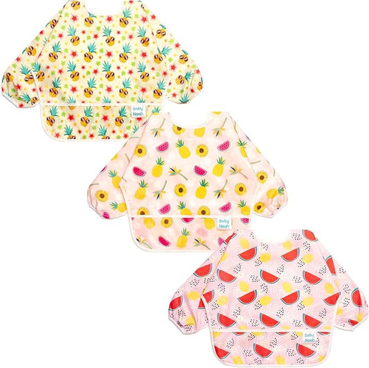 3 Pcs Long Sleeved Bib Set|Baby Waterproof Bibs with Pocket Bundle|Toddler Bib with Sleeves|Stain Resistance Smock 6-24 Month