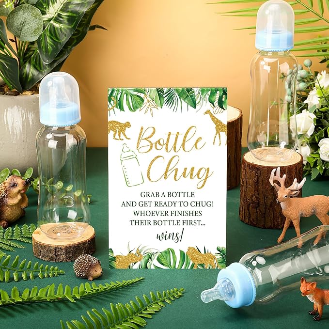 TrelaCo Safari Cool Baby Shower Games Bottle Chug Sign Wooden Jungle Animals Theme Gift Sets Gender Reveal Party Favors and 12 Pcs Baby Bottle Shower Favor for Games Gender Reveal
