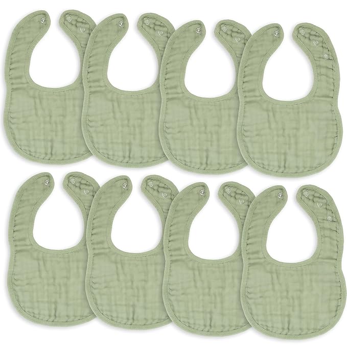 Comfy Cubs Muslin Bibs for Babies, Pack of 8 - Soft and Highly Absorbent, Feeding, Drool and Teething Bib, Adjustable Snaps - Stylish & Colorful Unisex Designs, Giftable Set - Sage