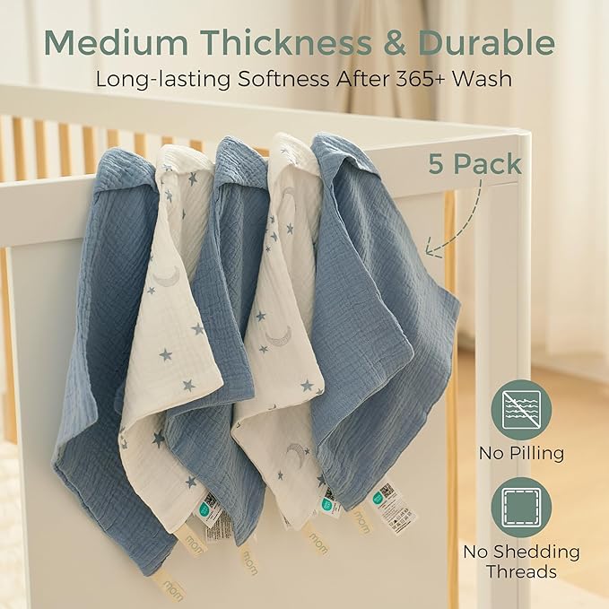 Momcozy Soft & Absorbent Baby Washcloths - 4 Layer Design| Medium Thickness| Premium Cotton for Newborns' Skin-Great for Bathing, Wiping & on-The-go Use, Shower Gift and Essential(5 Pack, 10x10 inch)