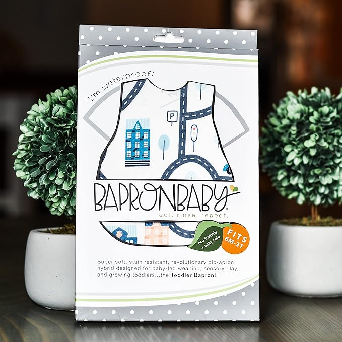 BapronBaby Tiny Town Bapron - No Neck Tie Safer Bib for Baby & Toddler - Soft Waterproof Stain Resistant - Machine Washable - Sz Baby/Toddler 6m-3T