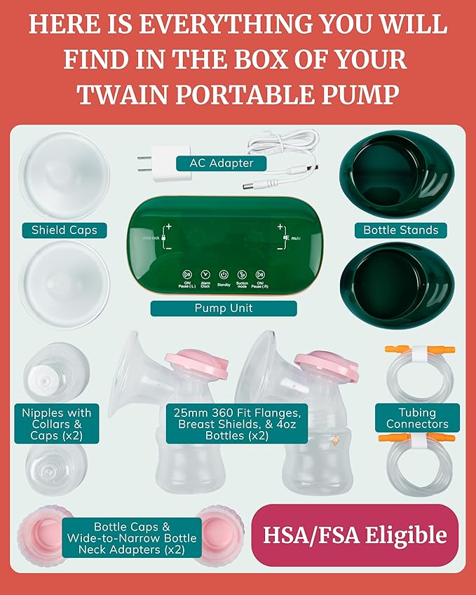 Portable Breast Pump with Dual Motor & Silicone Flanges - Cordless for Travel - Compact Electric Breastmilk Pump - Wall Plug Provided - Double