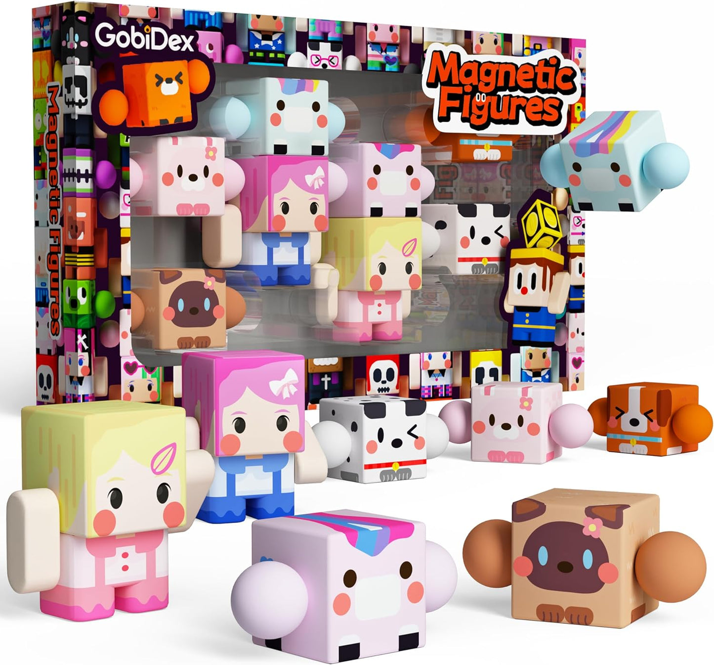 GobiDex 8PCS Magnetic Figures Playset Rotatable Animal & Character Toys for Kids, Toddlers Sensory Pretend Play Travel Toys Compatible with Magnet Blocks