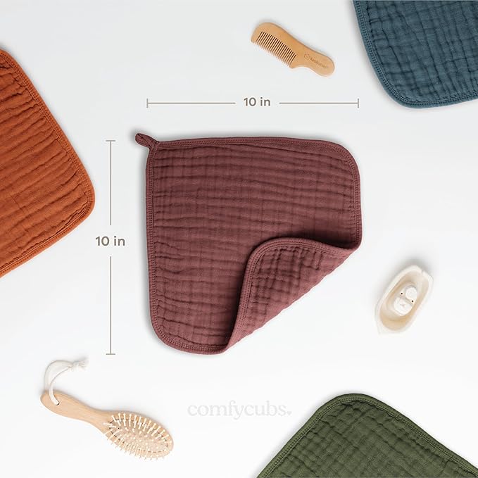 Comfy Cubs Muslin Baby Washcloths 10 Pack - Soft 6-Layer Cotton Wash Cloths for Sensitive Skin - 10"x10" Large, Gentle, Absorbent Infant Essentials for Newborn and Toddlers - Wine