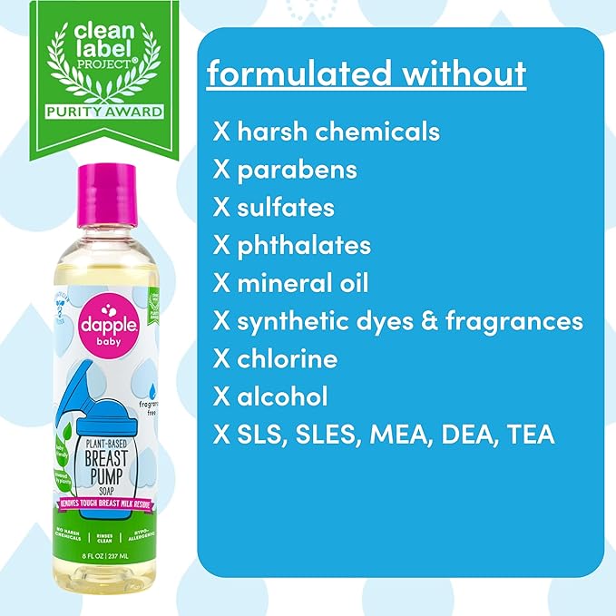 Dapple Breast Pump Soap Baby, 8 Fl Oz Bottle, Fragrance Free, Plant Based & Hypoallergenic Liquid Soap - Easy Rinse Formula Removes Milk Residue & Leaves No Taste