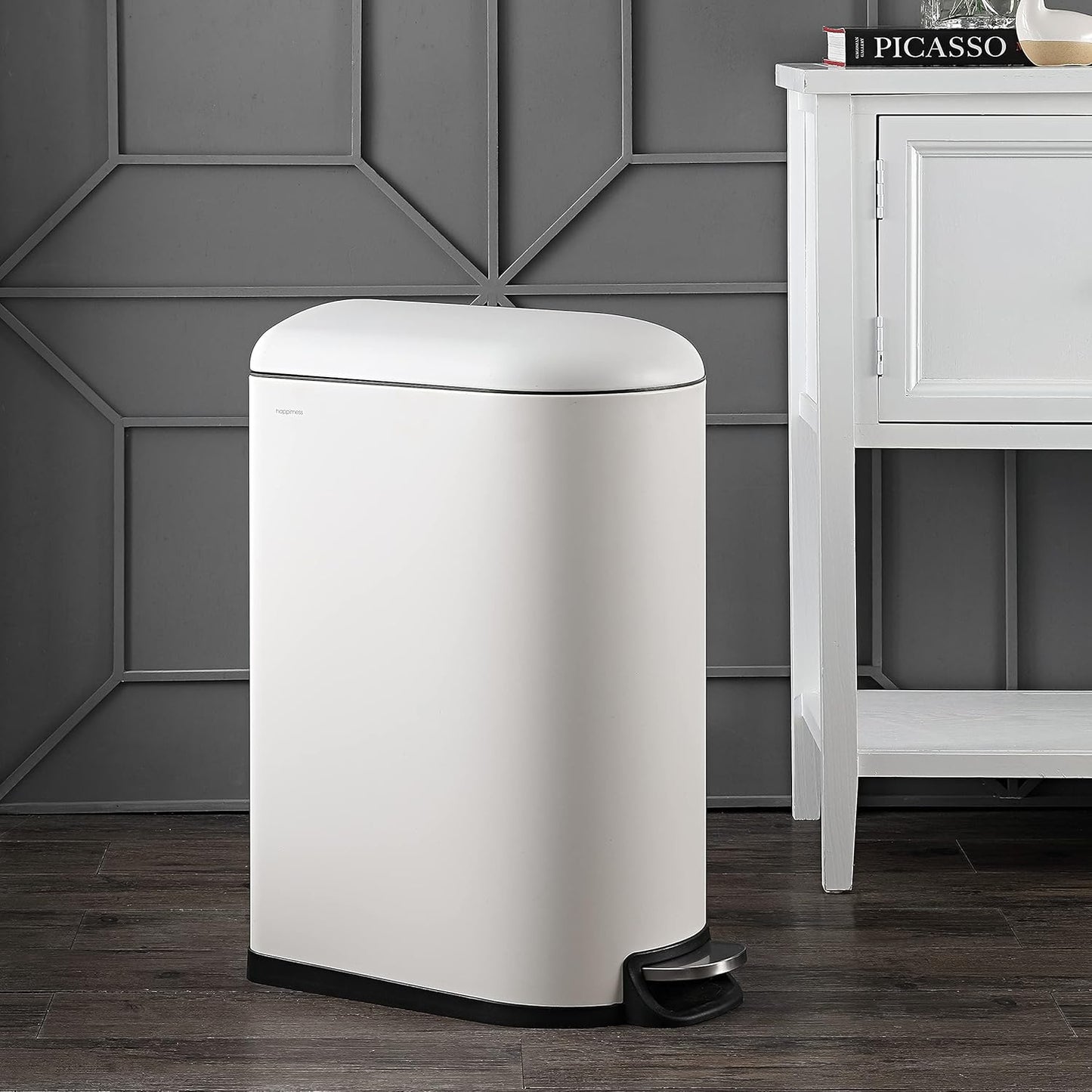 happimess HPM1009C Roland Mini 2.6-Gallon Step-Open Trash Can with Soft-Close Lid, Modern, Minimalistic, Fingerprint Proof for Home, Kitchen, Laundry Room, Office, Bedroom, Bathroom, White