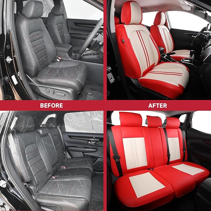 FREESOO Leather Car Seat Covers Full Set, Beige Red Seat Covers for Cars SUV Trucks, Waterproof Car Seat Cover Back Seat and Front, Luxury Auto Seat Covers Protector Cushion Fit for Most Vehicles