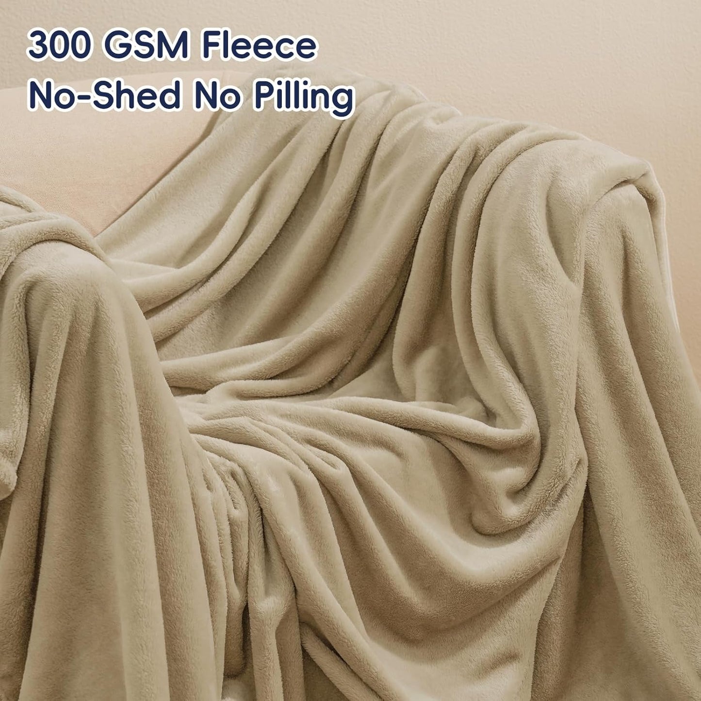 PHF Ultra Soft Fleece Blanket Queen Size, No Shed No Pilling Luxury Plush Cozy 300GSM Lightweight Blanket for Bed, Couch, Chair, Sofa Suitable for All Season, 90" x 90", Khaki
