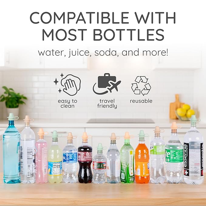 Original Water Bottle Topper for Toddlers – 100% Silicone Sippy Top Spout with Protective Cap makes the Bottle Top a Spill Proof Lid for Kids and Adults - 2 Pack - Pastel