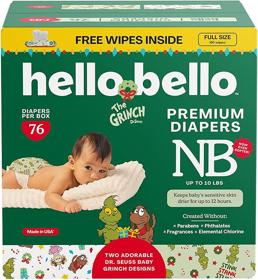 Hello Bello Dr. Seuss Baby Grinch Premium Diapers, Size NB (Up to 10 lbs), 76ct Plus Bonus Wipes: Softness & Protection for Sensitive Skin