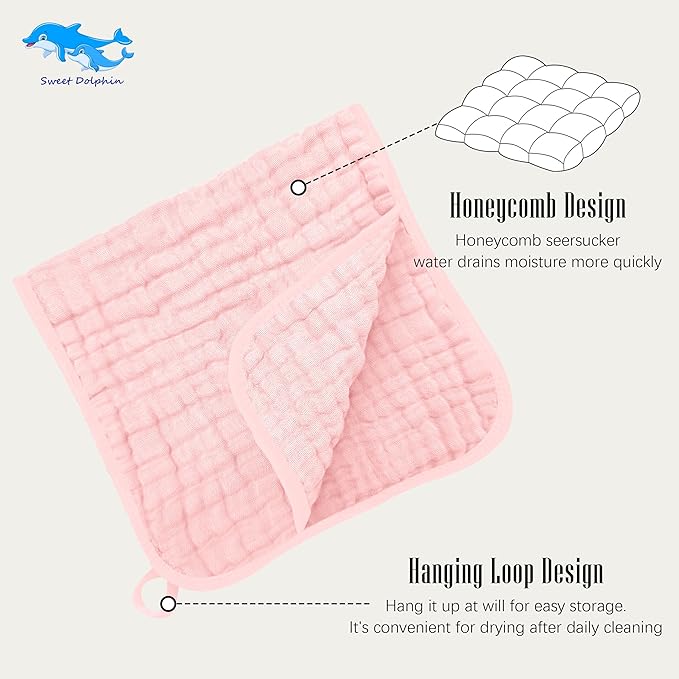 SWEET DOLPHIN 12 Pack Muslin Burp Cloths Large 100% Cotton Burping Clothes for Baby Drool - Absorbent and Soft Boys & Girls Milk Spit Up Rags for Newborn Essentials Registry - Dewy Petal