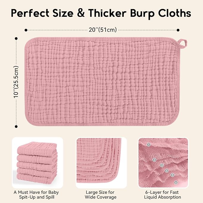 Muslin Burp Cloths for Baby 100% Cotton Burping Cloths for Boys Girls Large 20''X10'' Extra Soft and Absorbent 12 Pack - Bean Paste
