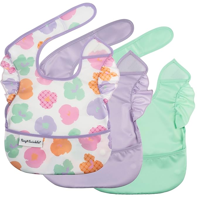 Tiny Twinkle Mess Proof Baby Bibs for Eating – Waterproof, Wipeable Toddler Bibs with Pocket – Baby Food Bibs for Girls & Boys(3 Pack, Floral Pop)