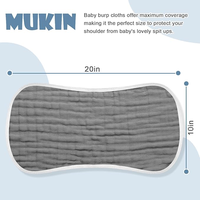 MUKIN Baby Muslin Burp Cloth Set of 6, Ultra Soft Absorbent Thick Cotton Burping Cloths for Unisex Newborn Babies, 20'' by 10'' Neutral Milk Spit Up Rags Boys Girls - Baby Must Haves. (Gradient Grey)