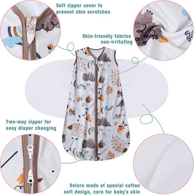 Newborn Sleep Sack Baby Swaddle,3-Way Adjustable Wearable Blanket,100% Rayon Cotton Swaddling Sleeping Bag，TOG 0.5 (Fox & Dinosaurs, 6-12 Months)