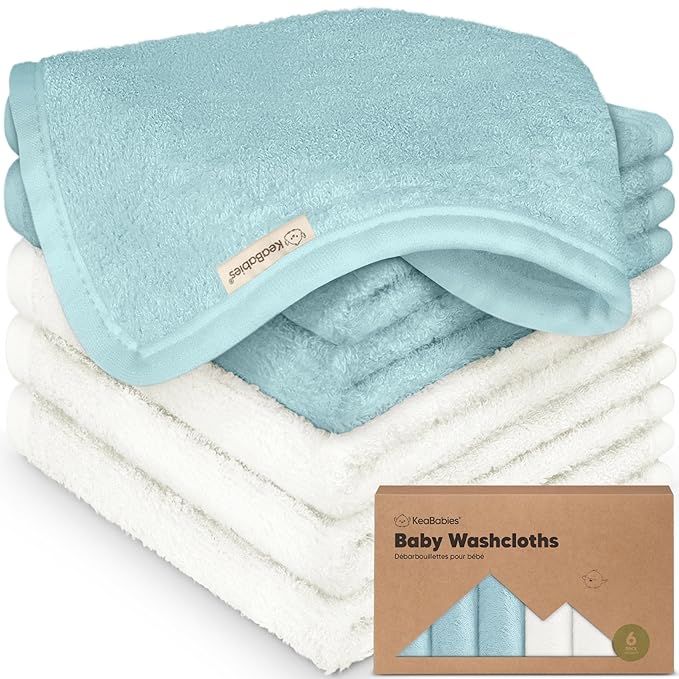6-Pack Baby Washcloths - Soft Absorbent Viscose from Bamboo Wash Cloths for Babies, Kids, Toddlers, Infant, Newborn Bath Towels, Gentle on Sensitive Skin, 10x10 Reusable Face Towels (White/Sky)