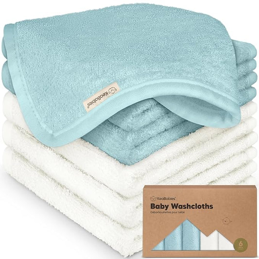 6-Pack Baby Washcloths - Soft Absorbent Viscose from Bamboo Wash Cloths for Babies, Kids, Toddlers, Infant, Newborn Bath Towels, Gentle on Sensitive Skin, 10x10 Reusable Face Towels (White/Sky)