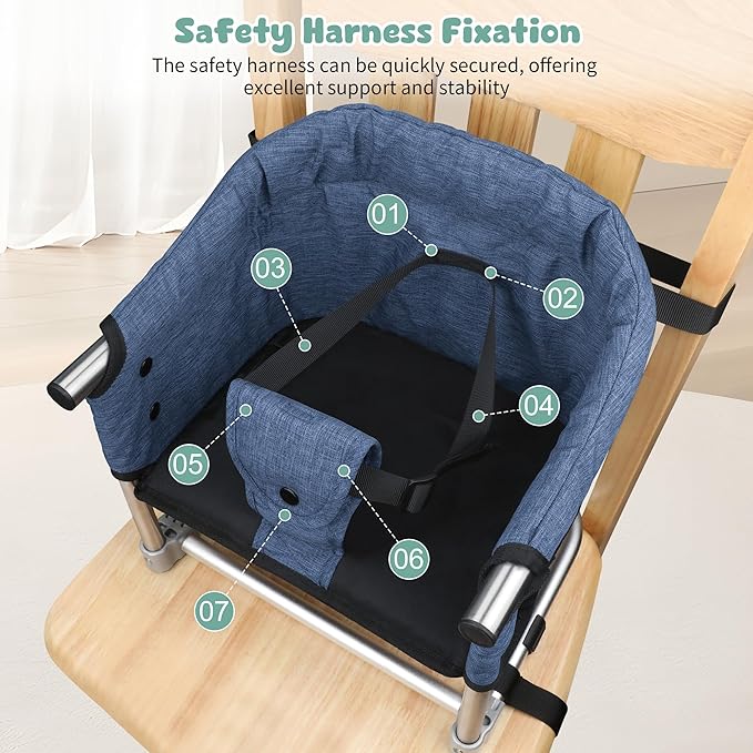 Booster Seat for Dining Table: Portable Toddler Booster Chair with Safety Buckle and Height Adjustable, Foldable Baby Feeding Chair, Kids High Chair Booster Seat for Kitchen Home Travel - Navy Blue