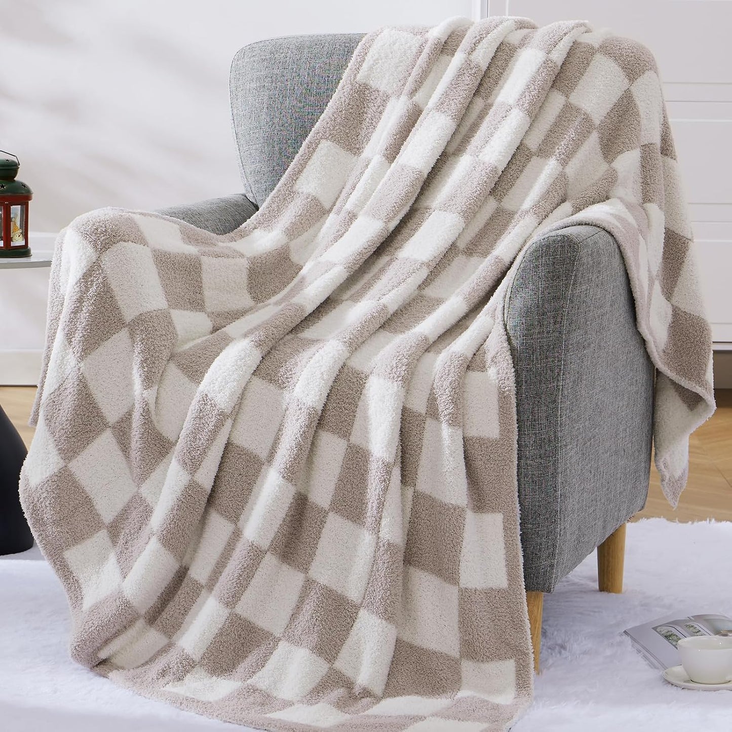 WRENSONGE Checkered Throw Blanket, Taupe Soft Cozy Fluffy Warm Hand Made Throw Blankets for Couch, Sofa, Chair, Bed, Camping, Picnic, Travel Lightweight Bed Blanket - 50"*70"
