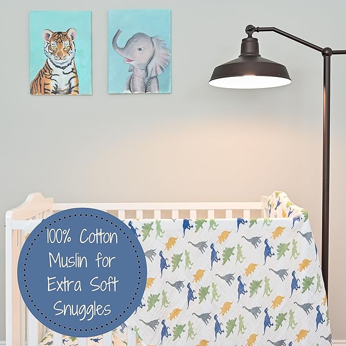 LollyBanks Muslin Swaddle Blankets, 100% Cotton Newborn Blanket for Boys and Girls, Large 47 x 47 Inches Lightweight and Breathable Baby Swaddle Blanket, Baby Essentials, Registry (Dinosaur Theme)