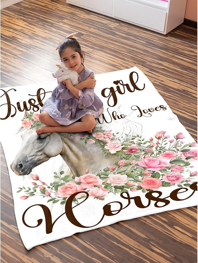 Just A Girl Who Loves Horses Blanket for Baby Girls Flowers Animals Throw Blanket for Boys, Lightweight Cute Horse Soft Flannel Blankets for Kids Gifts, 30x40 Inches