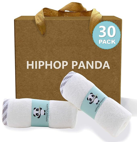 HIPHOP PANDA Baby Washcloths, Rayon Made from Bamboo - 2 Layer Ultra Soft Absorbent Newborn Bath Face Towel - Reusable Baby Wipes for Delicate Skin - Gray Stripe, 30 Pack