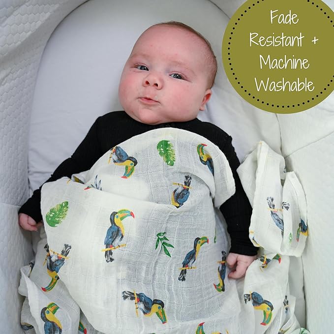 LollyBanks Swaddle Blanket, 100% Cotton Muslin Swaddle Blankets for Boys and Girls, Large 47 x 47 Inches Baby Blanket, Soft and Breathable Receiving Blankets, Registry (Vibrant Tropical Toucan)