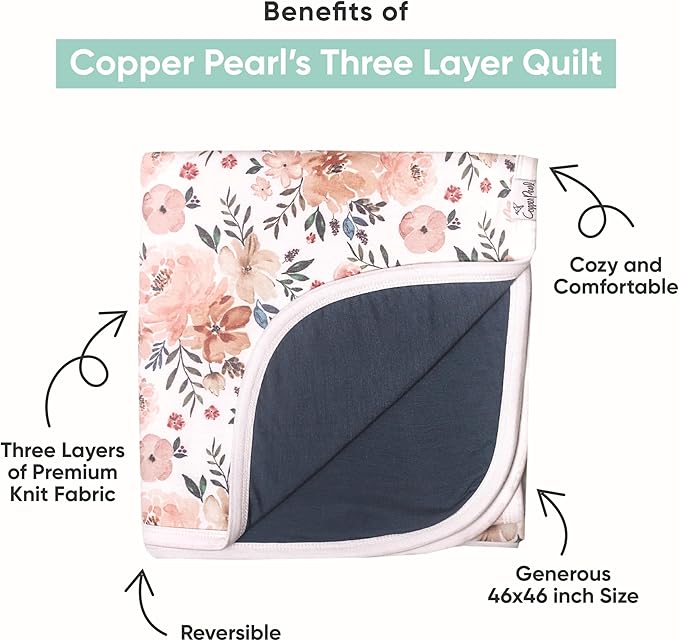 Copper Pearl Three-Layer Baby Blanket: Soft Quilt for Boys and Girls | Breathable and Cozy Toddler Blanket | Premium Polyester/Rayon 46x46