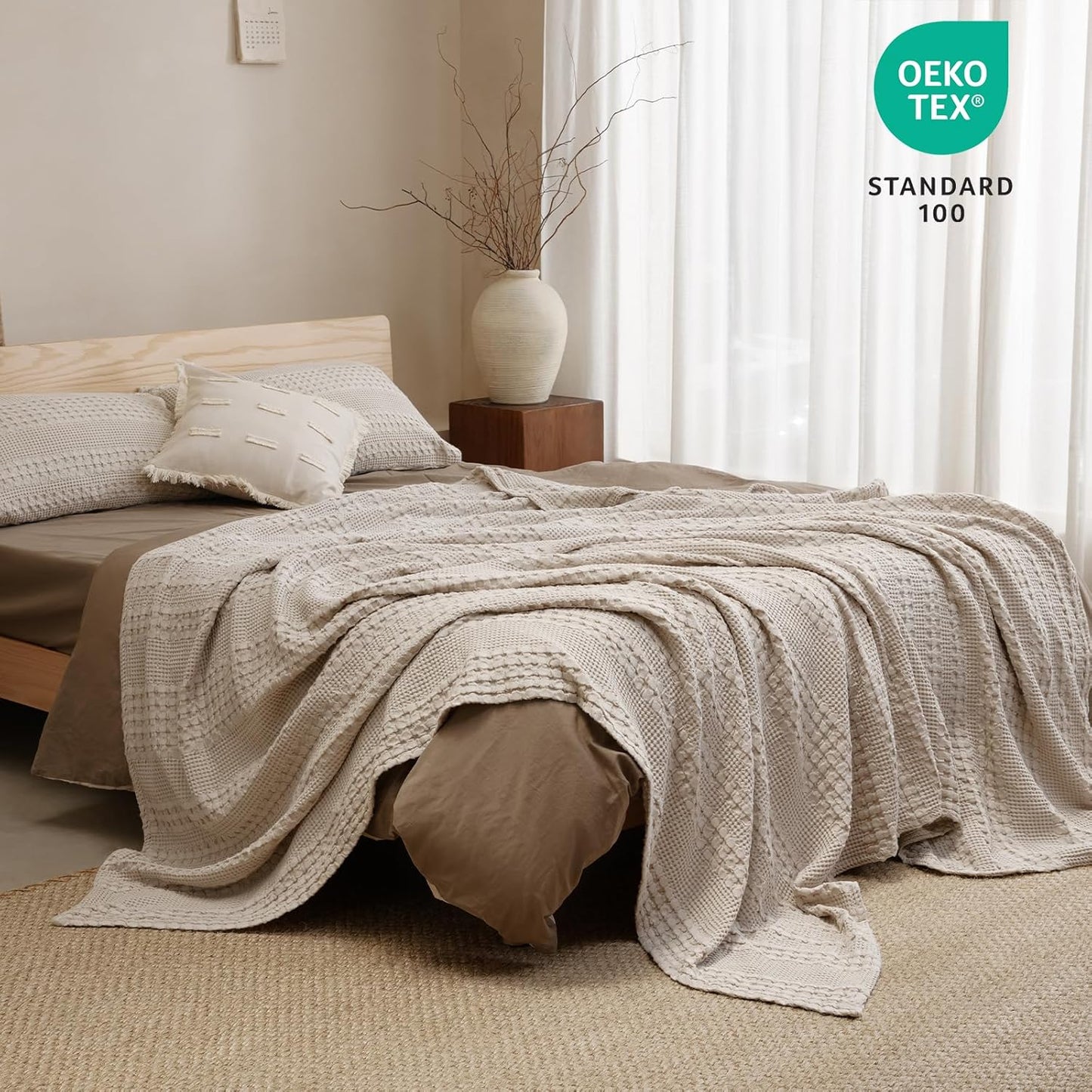 PHF 100% Cotton Waffle Weave Blanket Twin Size, Soft Lightweight Breathable Cozy Summer Blankets for Bed, Luxury Aesthetic Woven Bedding for Home Decor, 66"x90", Oatmeal