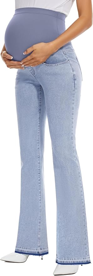 GLAMIX Women's Stretch Maternity Bootcut Jeans with Pockets Over The Belly Bell Bottoms Flare Denim Pants Pregnancy Clothes