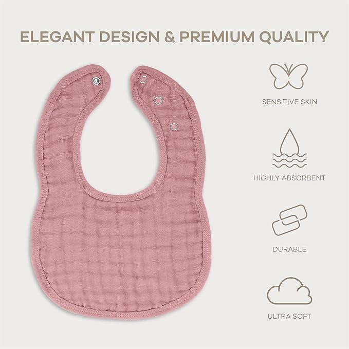 Comfy Cubs Muslin Bibs for Babies, Pack of 8 - Soft and Highly Absorbent, Feeding, Drool and Teething Bib, Adjustable Snaps - Stylish & Colorful Unisex Designs, Giftable Set - Mauve