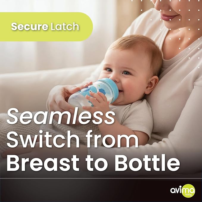 Avima Baby 9 oz Anti Colic Baby Bottles for Breastfed Babies - Medium Flow Nipples, Wide Neck Bottle, BPA Free - 3-6 Months, Stage 2 (Set of 3) Blue Baby Bottle - Elephants