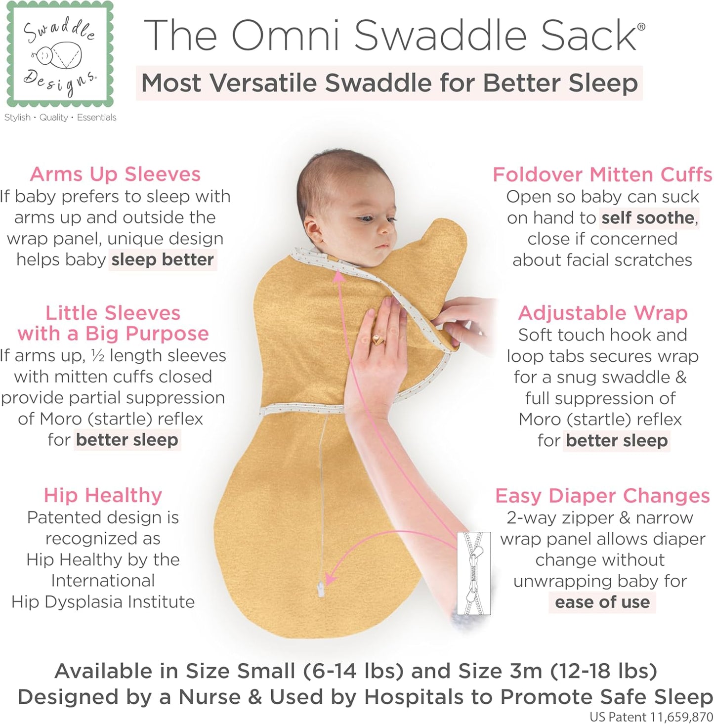 SwaddleDesigns 6-Way Omni Swaddle Sack Arms Up Swaddle for Newborn, More Options to Calm Startle Reflex, Improves Sleep
