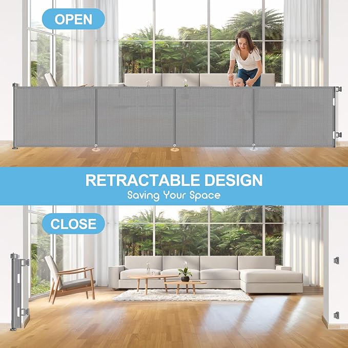 Upgrade 180 inch Retractable Baby Gates, EZIGO Extra Wide Baby Gate for Large Opening Extra Long Mesh Gate for Kids or Pet Dog Gate Child Safety Gate for Stairs Hallways Doorway Indoor Outdoor, Gray