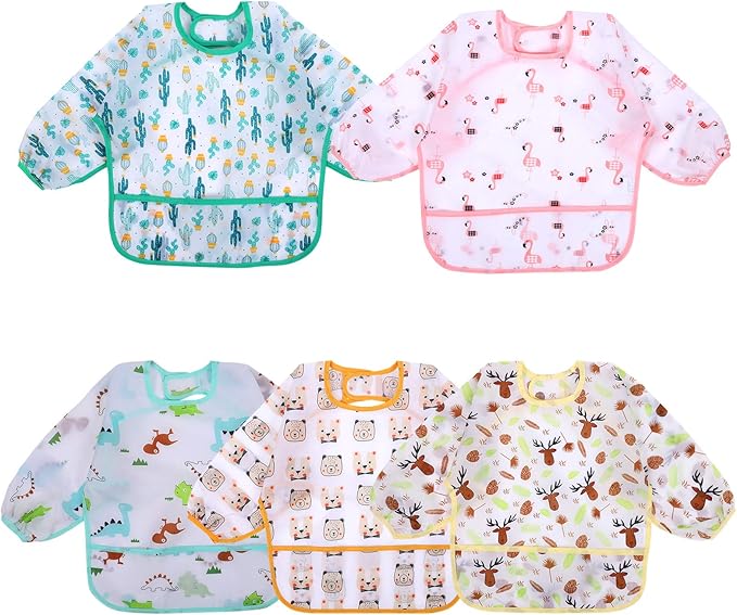 Accmor 5 Pack Long Sleeve Bibs, Baby Smock Waterproof Sleeved Bib Smock for Baby Toddler 6-36 Months