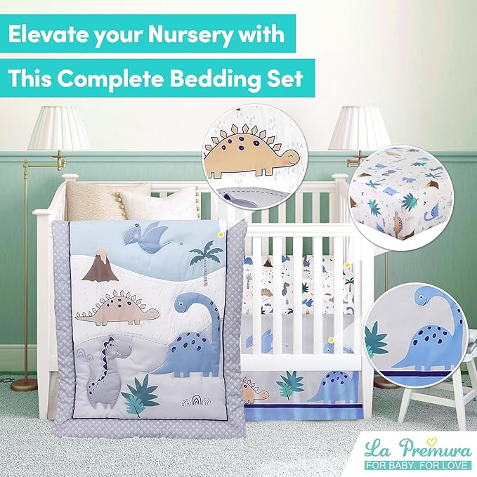 La Premura Baby Crib Bedding Set for Boys – Dinosaur 3 Piece Standard Size Nursery Crib Comforter Set, Grey/Blue - Unisex Baby Nursery Bedding and Neutral Decor
