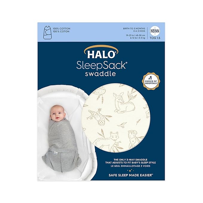 HALO 100% Cotton Sleepsack Swaddle, 3-Way Adjustable Wearable Blanket, TOG 1.5, Lullaby Forest, Small, 3-6 Months