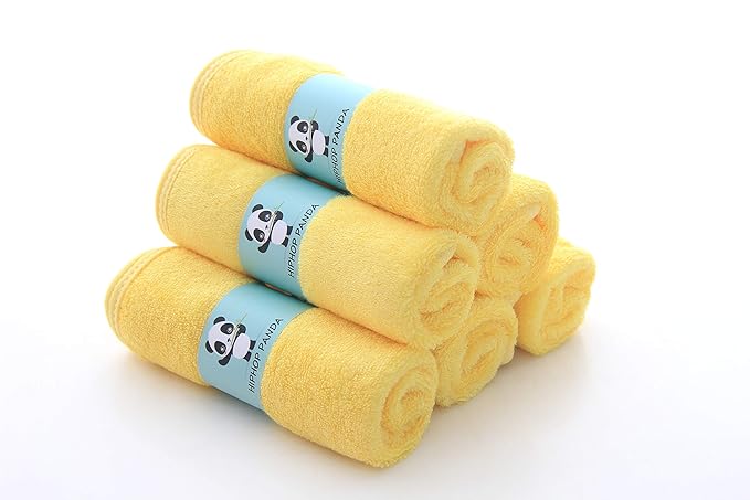HIPHOP PANDA Baby Washcloths, Rayon Made from Bamboo - 2 Layer Ultra Soft Absorbent Newborn Bath Face Towel - Reusable Baby Wipes for Delicate Skin - Yellow, 6 Pack