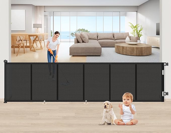 Upgrade 150 inch Retractable Baby Gates, EZIGO Extra Wide Baby Gate for Large Opening Extra Long Mesh Gate for Kids or Pet Dog Gate Child Safety Gate for Stairs Hallways Doorway Indoor Outdoor, Black