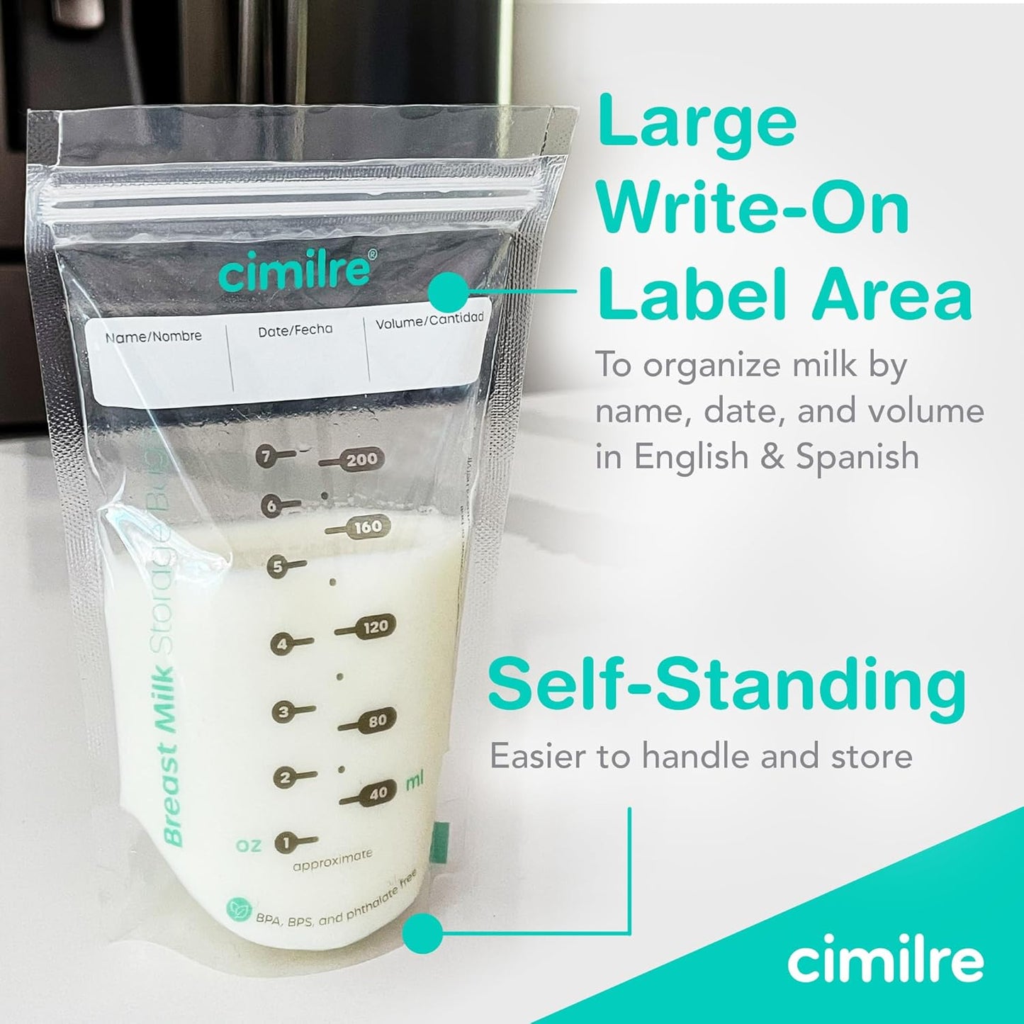 Breast Milk Storage Bags by Cimilre, Leak-Proof Breastmilk Storage Bags, Freeze Flat or Standing, 7 oz. Bags (120 Pack)