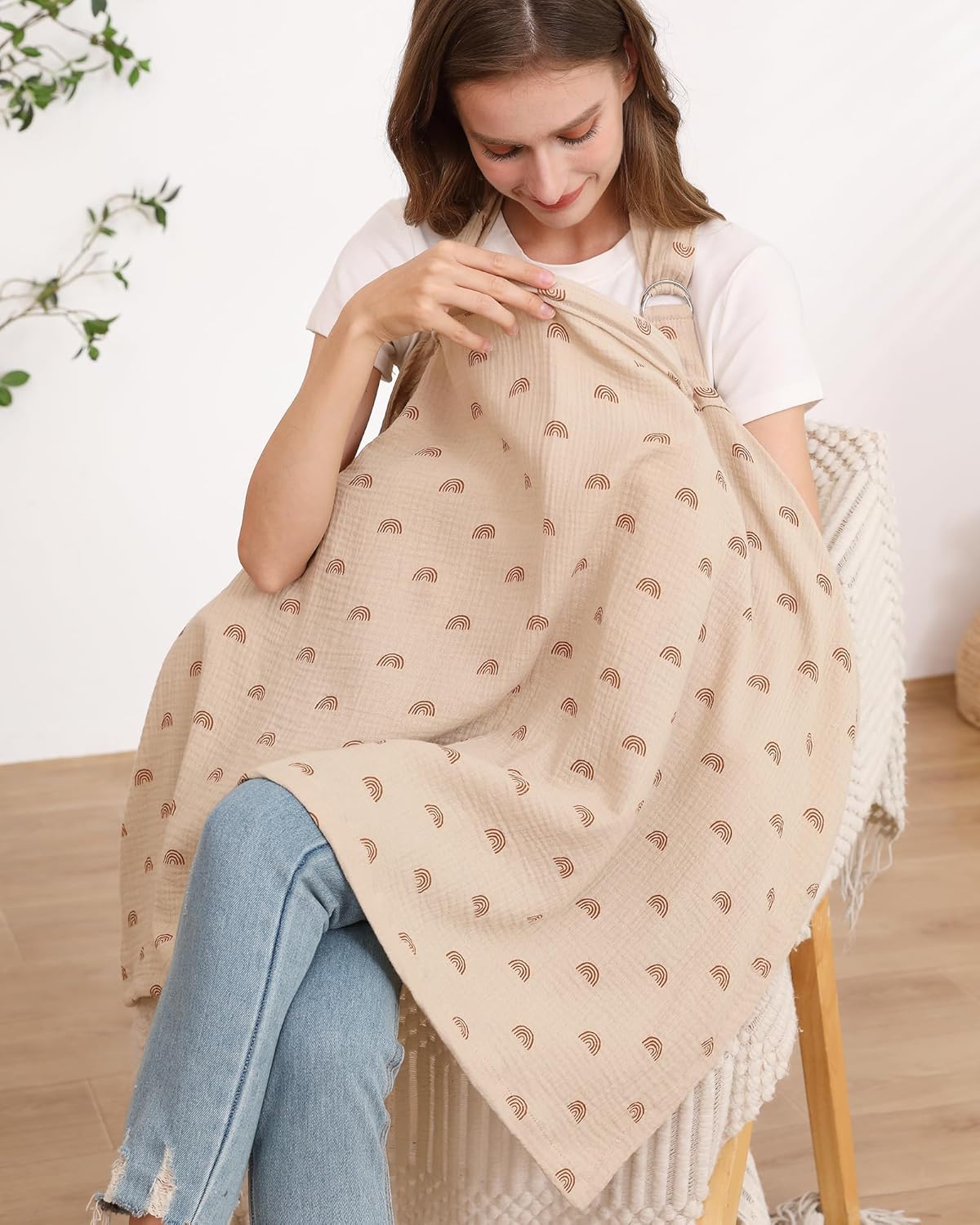 Muslin Nursing Cover for Baby Breastfeeding, Breathable 100% Cotton Breastfeeding Cover with Rigid Hoop for Mother Nursing Apron (Ivory Rainbow)